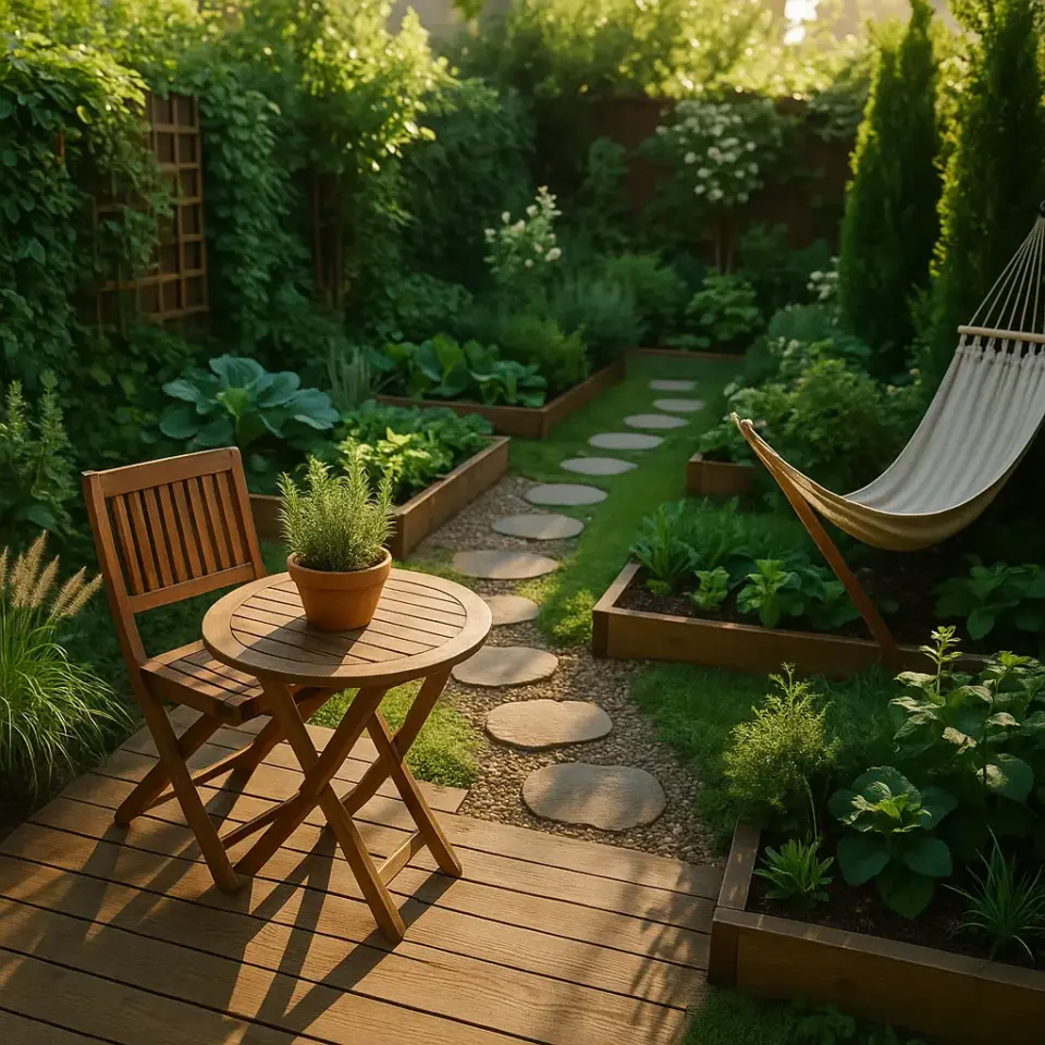 Ogród na małej działce z drewnianym tarasem, ścieżką kamienną i stołem ogrodowym otoczonym zielenią